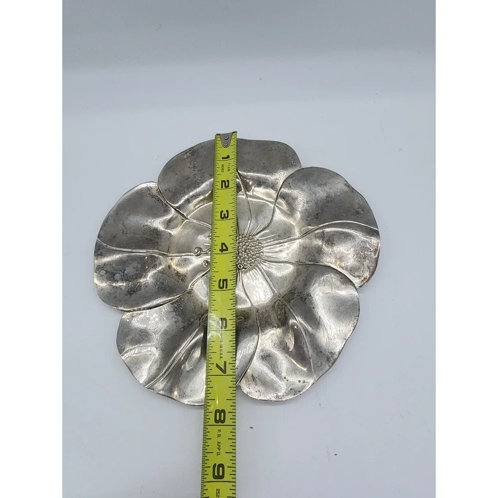 Vintage Silver Tone Poppy Flower Trinket Dish Decorative Metal Floral Tray 7.25